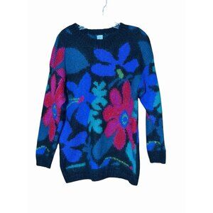 VTG Sweater Women's Intarsia Floral Mohair Blend Size Sm Retro Hippie Mod 80s